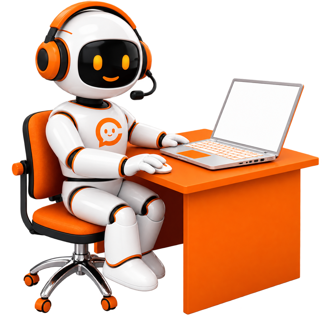 Cece AI robot assistant working at a desk, ready to handle customer conversations for your business